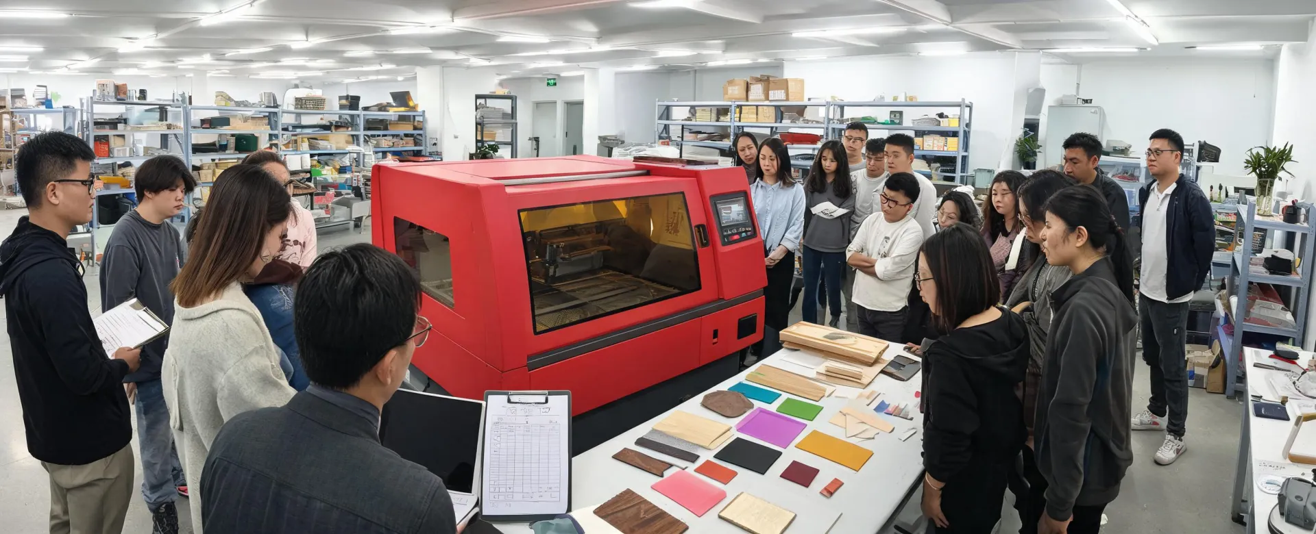 OMTech workshop learning session around laser equipment