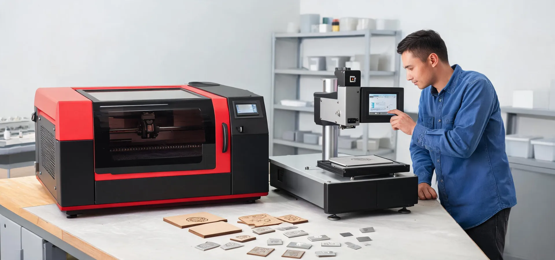 OMTech CO2 and fiber laser machines arranged in an active workshop
