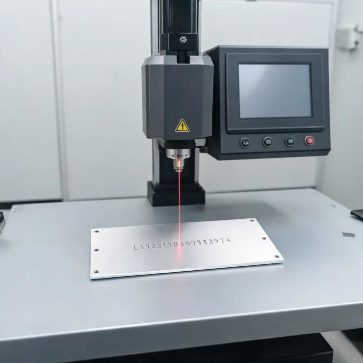 Fiber laser station marking a metal identification plate
