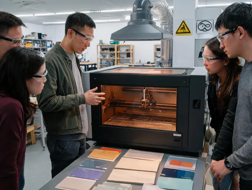 Students learning laser setup in a supervised lab
