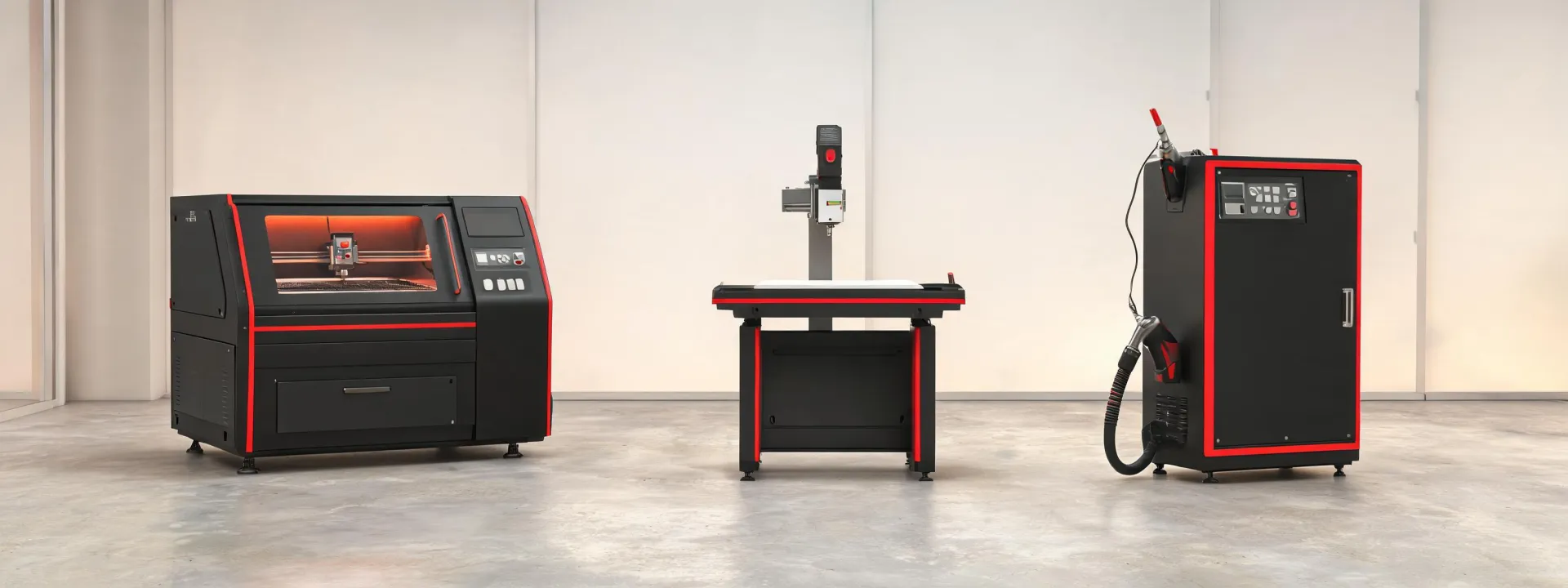 OMTech laser machine families in a clean workshop