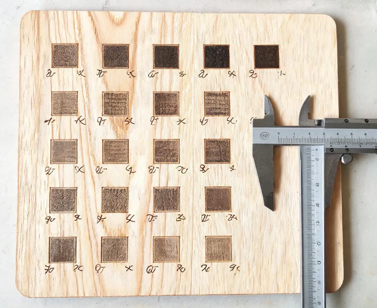 Laser settings test matrix on plywood