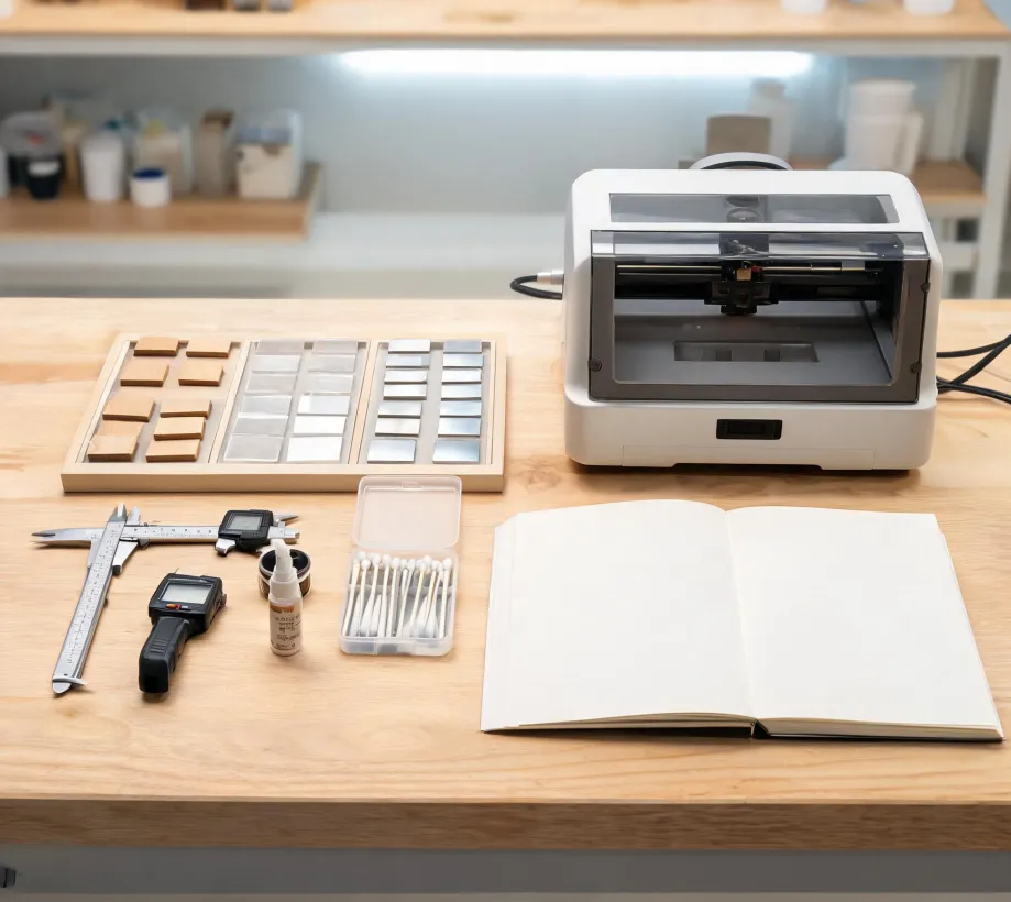 Organized laser resource bench with material samples and setup tools