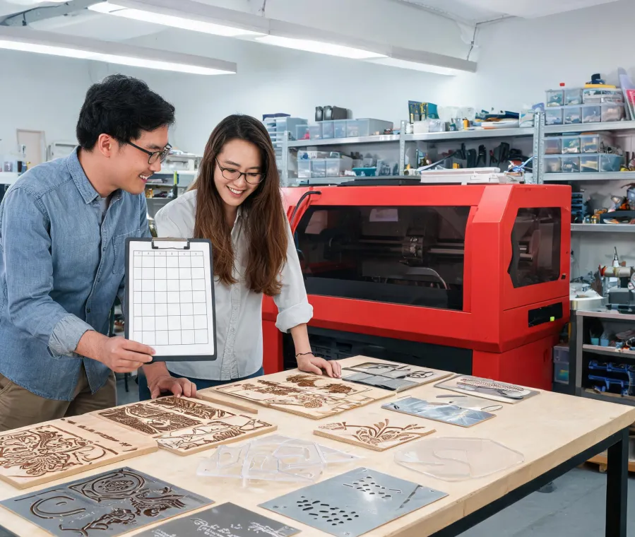 Laser application advisor reviewing test samples with a workshop operator